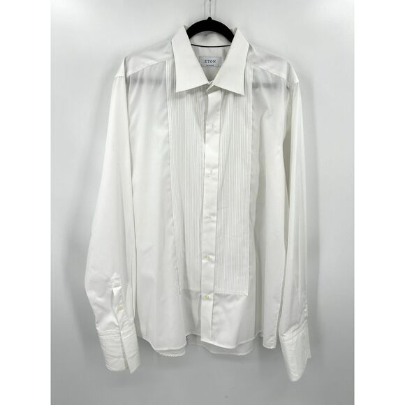 ETON Men White Pleated Button Down Formal Cuff Link Sleeve Shirt Size 46 Neck 18 - Picture 2 of 9